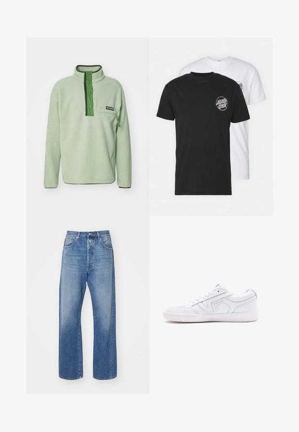 Hellgrüner Fleece-Pullover mit hohem Kragen, Druckknopfverschluss und einer Reißverschlusstasche auf der Brust. Verfügt über dunkelgrüne Akzente und strukturiertes Material.; Zwei-T-Shirts-Pack: eines schwarz, eines weiß. Beide haben kurze Ärmel und ein kreisförmiges Logo auf der Brust in kontrastierender Farbe. Aus Baumwollmaterial.; Hellblaue Jeans aus Denim mit geradem Bein, ausgestattet mit einem Knopfverschluss, fünf Taschen und subtilen Ausbleichungen im Stoff.; Weiße Ledersneaker mit niedrigem Design, runder Spitze, perforierten Details und einer strukturierten Sohle. Schnürsenkel und subtile Nähte sind enthalten.