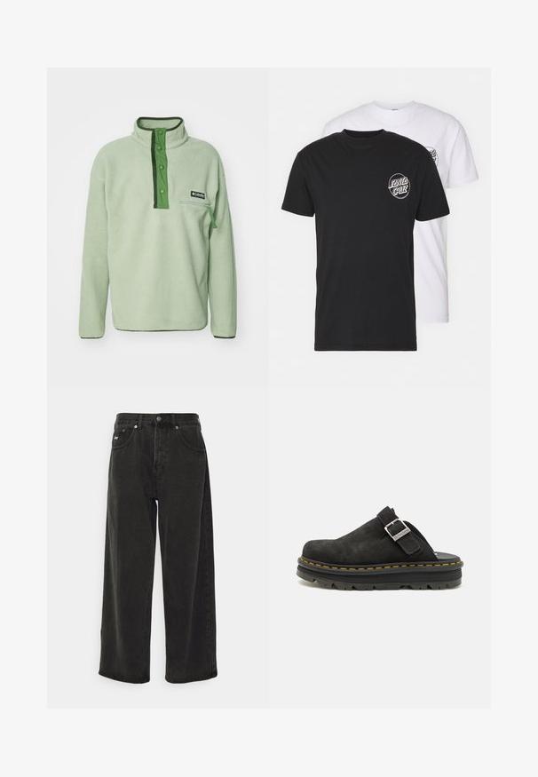 Hele roheline fliispullover kõrge kraega, nööbiga sulgemine ja lukuga rinna-tasku. Omab tumeda rohelise aktsente ja tekstuurset kangast.; Kaks t-särki komplekt: üks must, teine valge. Mõlemal on lühikesed varrukad ja rinnal kontrastse värviga ümmargune logo. Puuvillane materjal.; Obey Clothing BIGWIG BAGGY - Baggy fit teksad - black; Must ülikonnaga nahkplagg, millel on reguleeritav rihm, paks must kummitald ja eristuv kollane õmblus ääres.