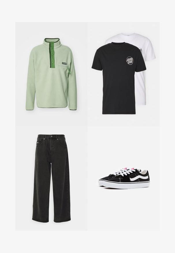 Pullover in pile verde chiaro con colletto alto, chiusura a bottoni a pressione e tasca sul petto con zip. Presenta dettagli verde scuro e un tessuto testurizzato.; Confezione di due t-shirt: una nera e una bianca. Entrambe hanno maniche corte e un logo circolare sul petto in un colore a contrasto. Materiale in cotone.; Obey Clothing BIGWIG BAGGY - Jeans baggy - black; Sneaker in suede nera con lacci bianchi, dotate di una marcata striscia laterale bianca e suola in gomma nera, che mette in evidenza dettagli di cucitura a contrasto.