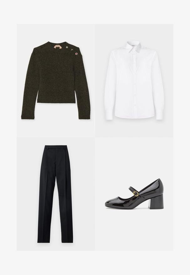 N°21 MAGLIA GIROCOLLO - Stickad tröja - verde loden melange; Vit långärmad skjorta i mjukt tyg, med krage och knappstängning framtill med ljusrosa knappar.; Svarta byxor i mjukt tyg med hög midja, vida ben, framfickor och klassiska bältesöglor. Inga sidofickor synliga.; Stuart Weitzman STUART - Pumps - black