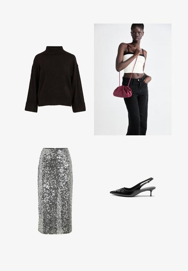 Mustmustern, millel mugav lõige, ribikud ja alumine osa. Valmistatud pehmest kudumite kangast. Lihtne ja puhas disain.; Hõbedane litritega pliiatsseelik, millel on keha järgnev lõige, pikkus põlveni ja sile tekstuur. Omaduseks on peidetud tagumine lukk.; Musthave nahkased kõrged kontsad, millel on terav varvas, väike kitten-kont ja dekoratiivne sõlm ees. Ühtlane sile tekstuur.; Burgundia pehmeast kangast käekott, millel on kokkuvõetud disain ja pikk rihm, kantud üle keha. Mudel kannab valget crop-topi ja musti teksaseid.