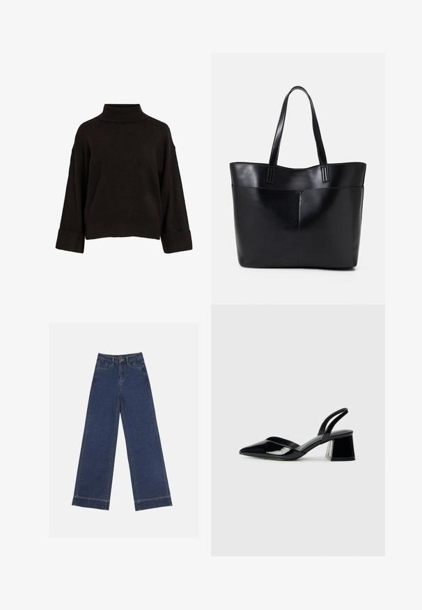 Juodas megztinis su aukštu kaklu, laisvo kirpimo, su dryžuotomis rankogaliais ir apatine dalimi, pagamintas iš minkštos mezginio medžiagos. Paprastas, švarus dizainas.; Plati džinsai tamsiai mėlynos denimo. Yra penki kišenės, diržo kilpos ir apatinė briauna su matomais siuvimo detalėmis.; Juodos lakuotos odinės šlepetės su smailiu pirštu ir geometriniu bloko kulnu. Turi elegantišką, minimalistinį dizainą ir lygų paviršių.; Juoda odinė rankinė su dviem ilgais diržais, lygiu paviršiumi ir struktūrizuota forma. Yra priekinė kišenė papildomam saugojimui.