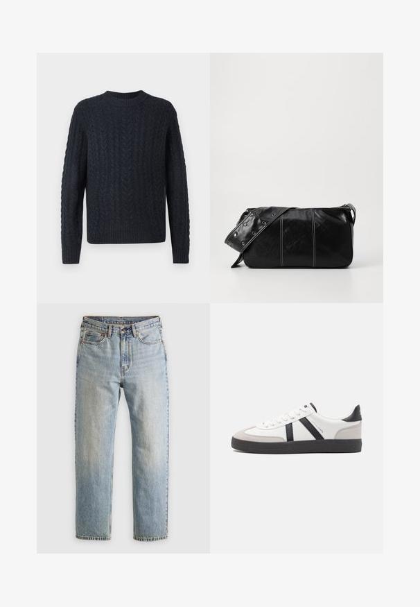 Tmavě námořnicky modrý pletený svetr s texturovaným vzorem copánku, kulatým výstřihem a žebrovaným lemem a manžetami. Měkká látka, dlouhé rukávy.; Svetle modré džíny z denimu s vysokým pasem, předním knoflíkem, zipem a designem s pěti kapsami, ležící rovně na neutrálním pozadí.; Bílé tenisky s černými a šedými akcenty, opatřené texturovaným šedým prstovým krytem, černou gumovou podrážkou a plochými bílými tkaničkami. Čistý design, minimalistický styl.; Černá kožená kabelka přes rameno se zapínáním na zip, s texturovaným tělem, bílým prošíváním a popruhem se stříbrnými očky.