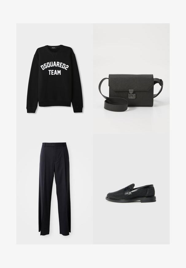 Black sweatshirt with long sleeves, round neckline, and white "DSQUARED2 TEAM" text across the chest. Soft fabric, ribbed cuffs, and hem.; Black, high-waisted trousers with a wide-leg cut, made of smooth fabric. Features front pleats and belt loops. Minimalistic design, no visible hardware.; Black woven slip-on shoe with a smooth leather accent on the upper, a round toe design, and a low-profile rubber sole.; Black leather crossbody bag with a textured finish, flap closure, metal hardware, and a matching adjustable strap.