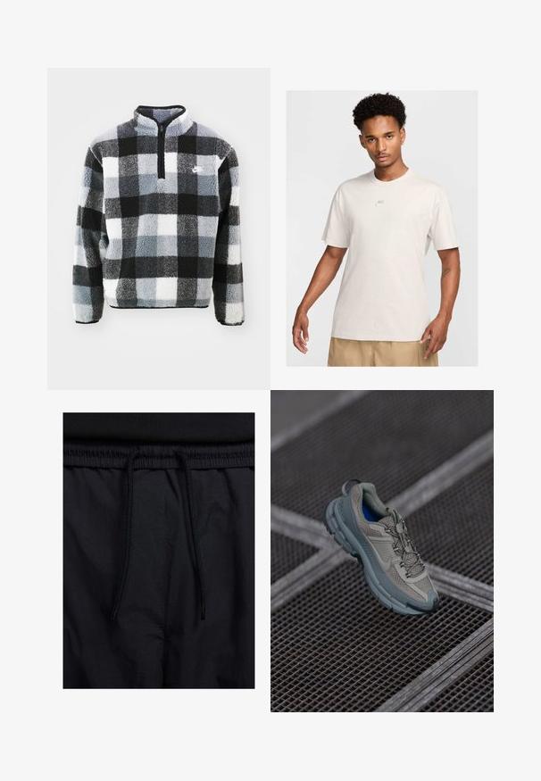 Pulôver de fleece com meio zíper, apresentando um padrão xadrez preto, branco e cinza, superfície texturizada e um pequeno logotipo no peito.; Homem com cabelo curto e encaracolado usa uma t-shirt bege da Nike e calções caqui, virado para a frente contra um fundo claro simple.; Calções pretos com um cós elástico ajustável, fabricados em tecido leve com uma textura suave e um design simples, sem logótipos ou padrões visíveis.; Sapatilha atlética bege e cinza com parte superior em malha texturizada, ponta arredondada e sola de borracha, com atacadores e colarinho almofadado.