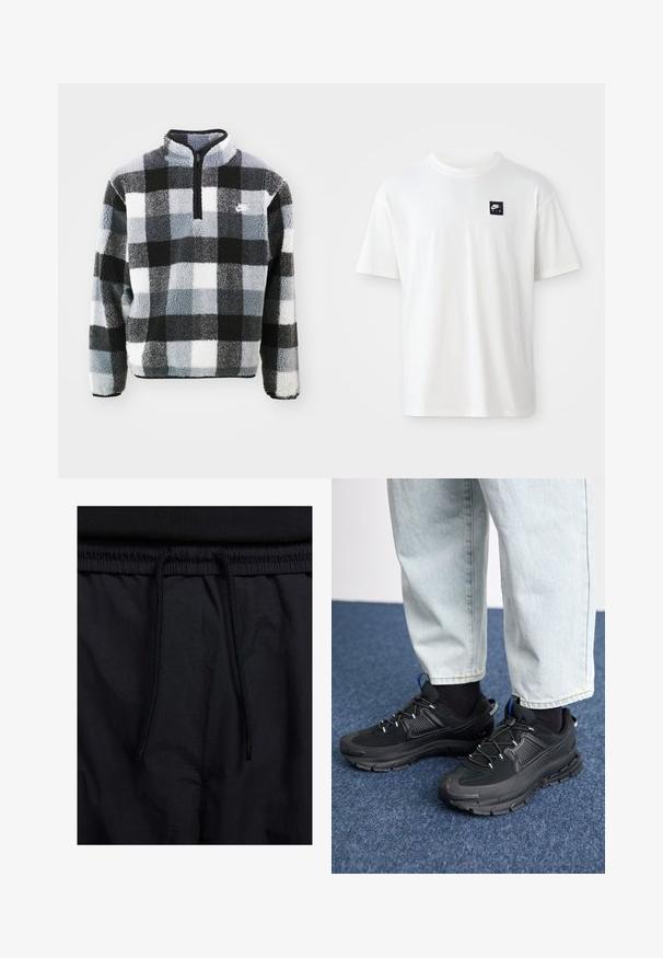 Flis jakna s polu-zipom, s crno-bijelim i sivim kariranim uzorkom, teksturiranom površinom i malim logom na prsima.; Bijela pamučna majica s kratkim rukavima i okruglim izrezom; sadrži mali crni pravokutni Nike Air logo na lijevoj strani prsnog koša.; Crne kratke hlače s pojasom na vezanje, lagani materijal s glatkom teksturom i jednostavan dizajn bez vidljivih logotipa ili uzoraka.; Crne atletske cipele s teksturiranom tkaninom i gumene potplate, s elastičnim vezicama i plavim akcentom na peti. Nosene su s svijetlim trapericama.