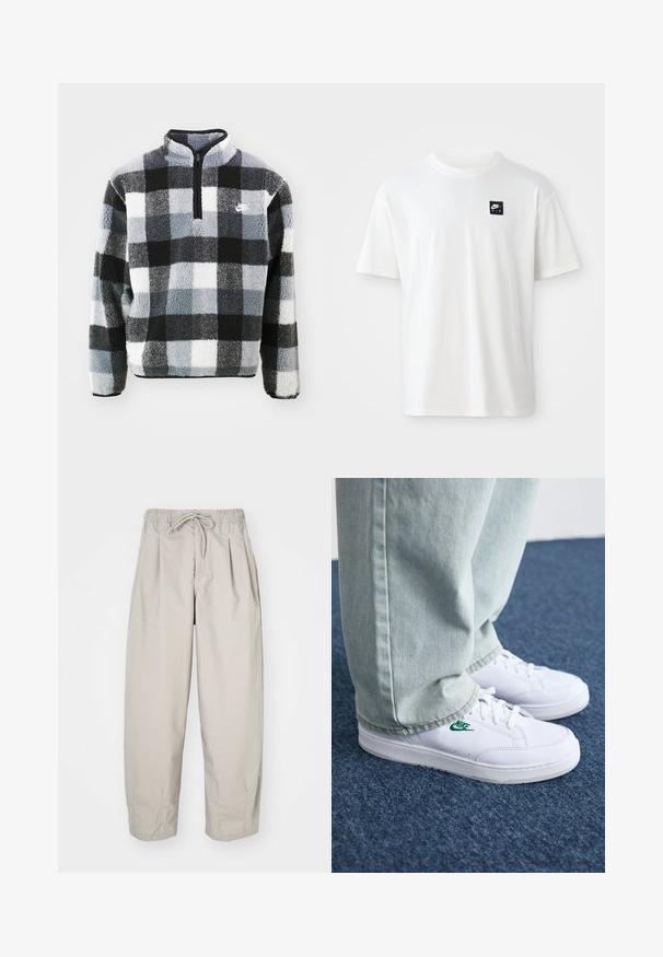 Pulôver de fleece com meio zíper, apresentando um padrão xadrez preto, branco e cinza, superfície texturizada e um pequeno logotipo no peito.; T-shirt branca em algodão com mangas curtas e decote redondo; apresenta um pequeno logótipo retangular preto da Nike Air no lado esquerdo do peito.; Calças leves, bege, com cintura elástica e cordão. Apresenta pregas e um corte largo, confeccionadas em tecido suave e liso.; Tênis de couro brancos com logo verde da Nike, bico redondo, sola plana, combinados com calças de denim azul claro, exibidos sobre um tapete azul.
