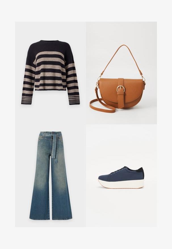 Mustriga sinise ja beeži horisontaalse triibuga kudumiskeede, ribakujuline tekstuur, ümmargune kaelus ja pikad varrukad, mille kinnastes on triibud.; Laiad denimpüksid, millel on hele tume sinine gradiendiefekt, kõrge vöökoht, vöökumlid ja sobivast kangast vöö. Struktureeritud denimi viimistlus.; Tumedat sinised tennised tekstureeritud riidest pealispinnaga, valge platvormi tallaga, ümarate varvaste ja musta kontsapaneeliga. Omab kuut silma paelte jaoks.; Pruun nahast õlakott, millel on kumer kuju, kullavärvi riistvara ja pandlaga kaunistus. Omab eemaldatavat õlarihma.