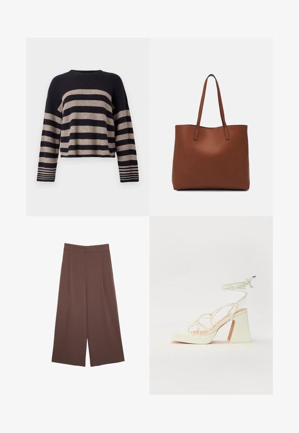 Neulepaita vaakasuorilla tummansinisillä ja beigenruskeilla raidoilla, ribbestä rakenteeltaan, pyöreällä kaula-aukolla ja pitkillä hihoilla, joissa on raidalliset yksityiskohdat hihojen suut. ; Ruskeat leveälahkeiset housut, joissa on sileä pinta, korkea vyötärö ja etupleat. Kangas on kevyttä ja laskeutuu väljänä.; Valkoinen korkokenkä, jossa on paksu korko, ja joka sisältää nauhakiinnityksen ja nilkkaketjun. Sujuva pinta, jossa on platform-etupohja lisäkorkeutta varten.; Ruskea nahkainen olkalaukku, jossa on sileä pinta, avoin yläosa ja kaksi olkahihnaa. Omaavat vain minimaalisen ompelun eikä näkyvää metalliosaa.