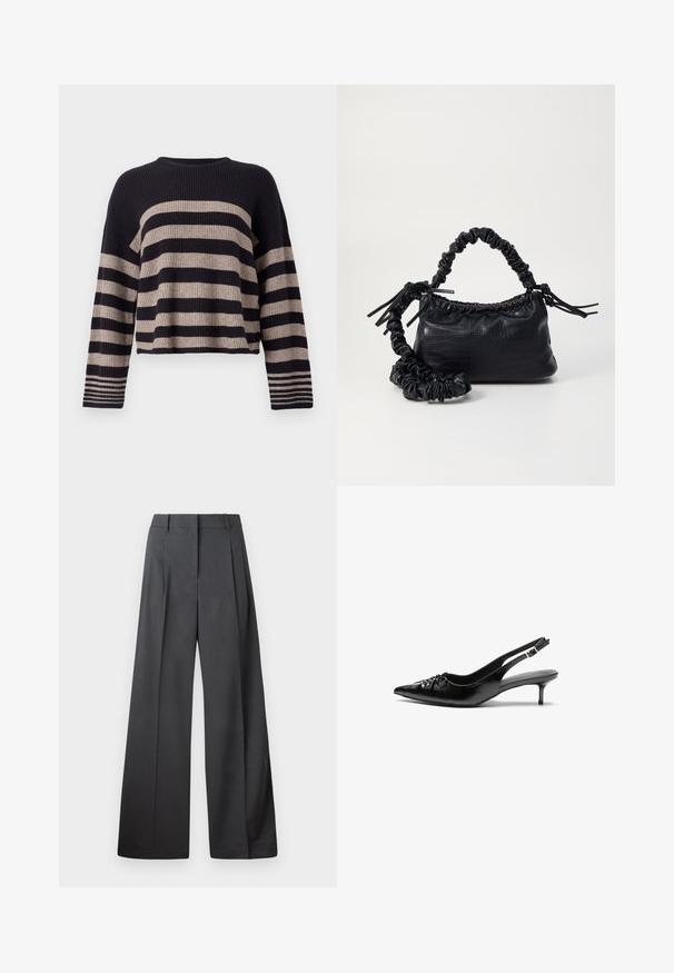 Mustriga sinise ja beeži horisontaalse triibuga kudumiskeede, ribakujuline tekstuur, ümmargune kaelus ja pikad varrukad, mille kinnastes on triibud.; Tumesed püksid tumesinises kangas, kõrge vöökoht, üks voldik ning sile struktuur puhaste ääristega.; Mustad nahast rihmikud terava nina, madala kassisaba kand ja volditud detailiga eespool. Siledat tekstuuri ja minimalistlikku disaini.; Must must sünteetilisest nahast käekott, millel on krokodillimuster, kokku tõmmatav ülaosa ja kortsus rihm. Tundub pehme ja kompaktne disain.