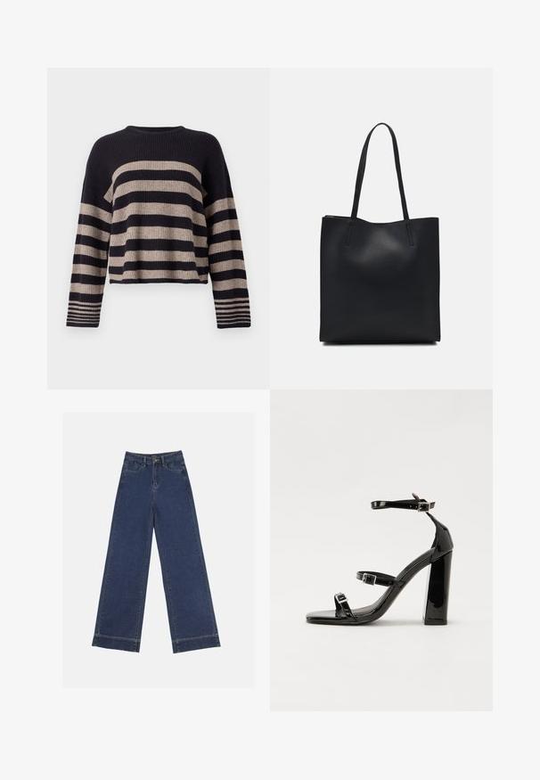 Strickpullover mit horizontalen navyblauen und beigen Streifen, gerippter Textur, rundem Ausschnitt und langen Ärmeln mit gestreiften Akzenten an den Manschetten.; Weite Jeans in dunkelblauem Denim. Verfügt über fünf Taschen, Gürtelschlaufen und einen rohen Saum am unteren Ende mit sichtbaren Nahtdetails.; Schwarze Lackleder-Sandalen mit hohen Absätzen, zwei Riemen mit Schnallen, quadratischer Zehenpartie und klobigem Blockabsatz, mit einer glatten, glänzenden Textur.; Schwarze Laptoptasche aus Leder mit glatter Textur, rechteckiger Form und zwei langen Griffen. Keine sichtbaren Beschläge oder Verzierungen.