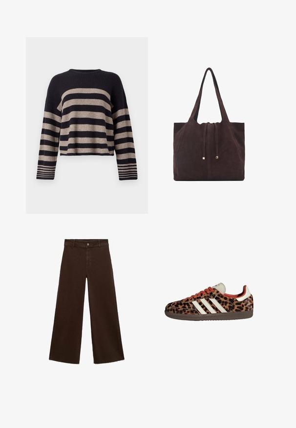 Sweter dzianinowy w poziome paski w kolorze granatowym i beżowym, z prążkowaną teksturą, okrągłym dekoltem oraz długimi rękawami z paskami na mankietach.; Brązowe spodnie o szerokich nogawkach z mieszanki bawełny, z postrzępionym dołem, przednim zapięciem na guzik i klasycznym pięciopocketowym wzorem. Minimalistyczne i uniwersalne.; Sneakers w nadrukiem lamparta z zamszowego materiału, czerwonymi sznurówkami i trzema białymi paskami z boku. Wyróżniają się kremowym językiem i brązową podeszwą.; Mango - Torba na zakupy