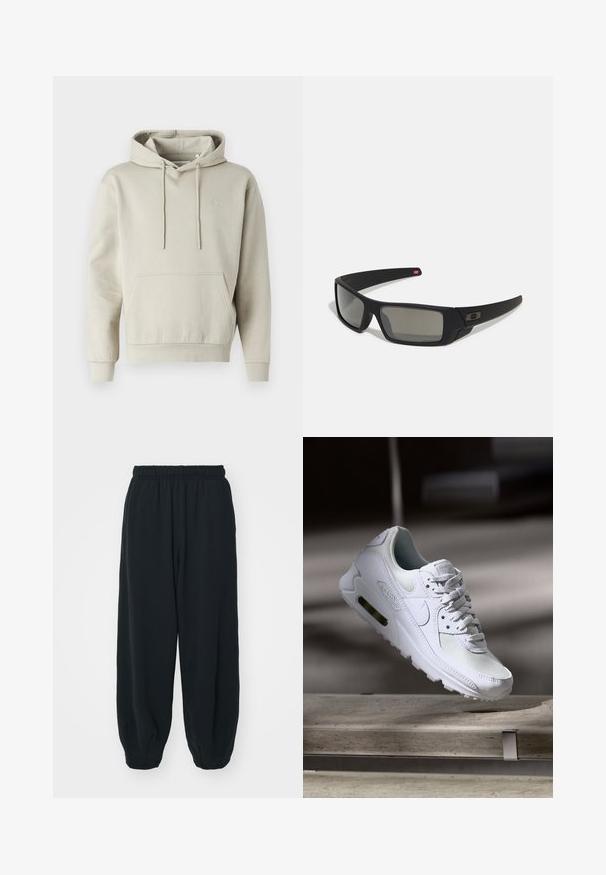 Halványbarna kapucnis pulóver, puha anyagból, elől kenguruzsebbel, húzózsinóros kapucnival, bordás mandzsettákkal és egy kis logóval a mellen.; Fekete, rugalmas derékpántos melegítőnadrág, laza fit, véget érő szárakkal, sima textúrával, látható minták vagy hardver díszek nélkül.; Fehér Nike Air Max 90 sneaker, amely hálós és bőr felsőrésszel, perforált orr-résszel és látható légpárnás egységgel rendelkezik a saroknál.; Fekete napszemüveg matt felülettel, téglalap alakú lencsékkel, enyhe ívvel a templomokon, diszkrét logó részlettel és füstszínű lencsékkel.