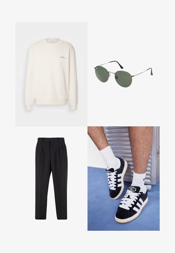 Felpa color crema con collo rotondo, polsini e fondo a costine. Presenta un piccolo logo ricamato sul lato sinistro del petto. Texture morbida.; Pantaloni neri con design a pieghe sul davanti, realizzati in tessuto morbido. Presentano una chiusura con bottone e passanti per cintura; vestibilità a gamba dritta.; Sneakers in suede nero con lacci bianchi e tre strisce bianche. Presentano un logo circolare nero sulla linguetta e una suola in gomma color gomma.; Occhiali da sole con montatura in metallo e lenti verdi ovali. Montatura sottile in metallo argento e terminali neri. Design minimalista, senza loghi visibili.