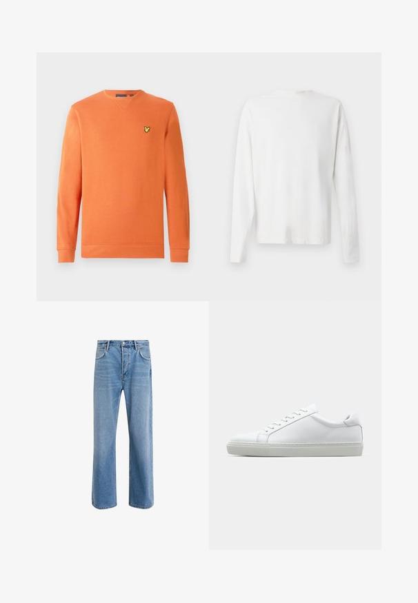 Felpa arancione con maniche lunghe e polsini a coste, decorata con un piccolo logo giallo sul petto. Realizzata in tessuto morbido e dalla texture pronunciata.; Camicia bianca in cotone a maniche lunghe con scollatura rotonda, spacchi laterali in fondo e una texture liscia, mostrata da dietro.; Jeans in denim blu chiaro con design a gamba dritta, cinque tasche, chiusura con bottone, leggero sbiadimento e dettagli di cucitura a contrasto.; Sneaker bianco con tomaia in pelle liscia e profilo basso. Presenta una punta arrotondata, sei occhielli e una suola in gomma testurizzata.