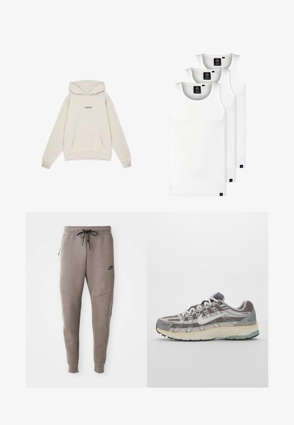 Pegador FENTON OVERSIZED HOODIE - Mikina s kapucňou - washed dust cream; Tri biele rebrované tielka vyrobené z bavlny. Majú okrúhly výstrih a malé čierne štítky pri leme. Dostupné v rôznych veľkostiach.; Sivé tepláky Nike s nastaviteľným pásom, zúženými nohavicami, bočnými vreckami a výrazným švom. Mäkká, textúrovaná látka.; Šedá športová obuv so zvrškom z nylonu a semišu, bielymi akcentmi, polstrovanou podrážkou a jedinečným dizajnom s reflexnými prvkami.