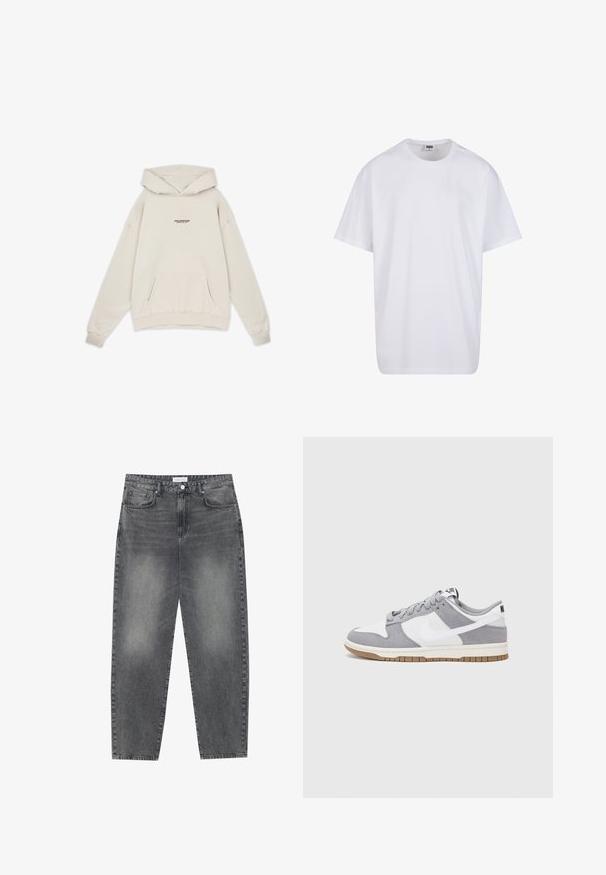 Pegador FENTON OVERSIZED HOODIE - Majica s kapuljačom - washed dust cream; Bijela pamučna majica s kratkim rukavima, zaobljenim izrezom, opuštenog kroja, bez vidljivih logotipa ili uzoraka. Glatka tekstura i minimalni dizajn.; Traperice visokog struka, širokog kroja u izblijedjelom crnom denimu. Imaju pet džepova, petlje za remen, i čist, ravni kroj nogu.; Sivi i bijeli tenisice s gornjištem od antilopa i kože, okruglim vrhom, ravnim vezicama i gumenim potplatom s dodatkom boje gume.