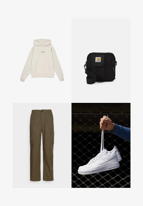 Pegador FENTON OVERSIZED HOODIE - Mikina s kapucí - washed dust cream; Cargo kalhoty v olivově zelené barvě, vyrobené z odolné tkaniny. Disponují dvěma bočními kapsami, standardním pasem a rovnými nohavicemi.; Bílé kožené tenisky s perforacemi, kulatou špičkou, plochou podrážkou a silnými tkaničkami, které mají viditelné logo swoosh a nápis "AIR" na patě.; Černá crossbody taška s hlavním oddílem na zip, přední kapsou, nastavitelním popruhem a viditelnou logem na klopě.