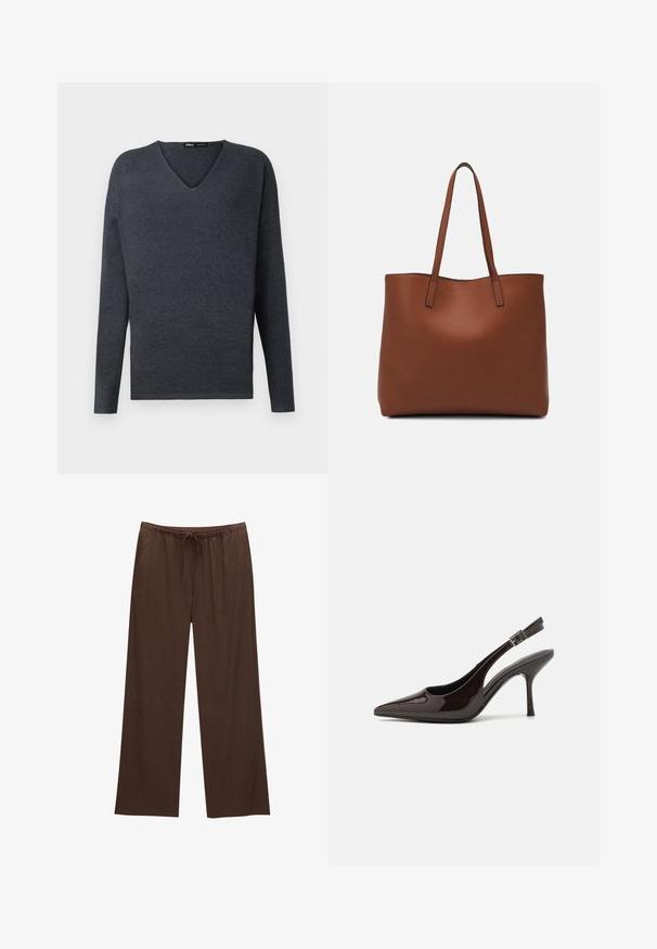 Pulover gri închis cu mâneci lungi și gât în V, realizat dintr-un material tricotat fin. Are o croială lejera și detalii de cusătură minime.; Pantaloni largi maro, confecționați dintr-un material moale, echipați cu un talie elastică cu șnur și două buzunare laterale.; Pantof cu toc înalt Slingback din piele sintetică lucioasă de culoare maro închis, vârf ascuțit, laterale deschise și curea ajustabilă la glezne.; Geantă de umăr din piele maro cu o textură netedă, design cu vârf deschis și două curele pentru umăr. Prezintă cusături minime și fără componente metalice vizibile.