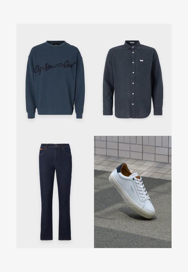 Námořnický modrý svetr s kulatým výstřihem a žebrovanými manžetami, se zvýšeným tmavě modrým písmem napříč hrudníkem. Měkká textilie.; Tmavě modrá košile s dlouhým rukávem vyrobená z lnu, s límcem na knoflíky, přední kapsou a bílými knoflíky. Na kapse je logo Wrangler.; Tmavě modré džíny s rovnými nohavicemi, zdobené oranžovým šitím, pěti kapsami a zapínáním na knoflík v pase.; Bílé kožené tenisky s námořnickým podpatkem, kulatou špičkou a kontrastními hnědými detaily. Obsahují ploché tkaničky a texturovanou gumovou podrážku.