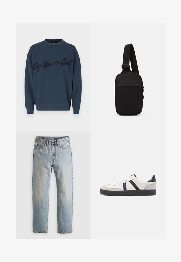 Mørkeblå genser med rund hals og ribbede mansjetter, med en opphøyet mørkeblå skriftlogo over brystet. Myk tekstur.; Brun strikket genser med polo krage, tre knapper ved halsen og lange ermer. Myk tekstur, ribbede mansjetter og kant.; Lys blå denim jeans med høy midje, frontknapp, glidelås og fem-lommers design, lagt flatt på en nøytral bakgrunn.; Hvite sneakers med svarte og grå detaljer, med en teksturert grå tåhette, svart gummisåle, og flate hvite lisser. Rent design, minimalistisk stil.; Svart skulderveske laget av slitesterkt stoff, med en justerbar stropp, en glidelåslukking på hovedrommet og en frontlomme.