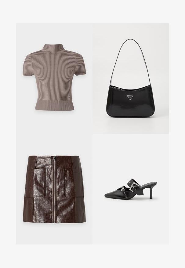 Grijze geribde top met korte mouwen en een hoge hals. Heeft een getailleerde pasvorm en een klein logo-accent nabij de zoom. Soepele textuur.; Korte rok van bruin faux leer met een rits aan de voorkant, twee grote voorzakken en een gladde, glanzende textuur.; Zwarte hoge hakken mules met een puntige neus, gemaakt van soepel leer. Heeft een brede enkelriem met een vierkante zilveren gesp en studs.; Zwarte lakleren schoudertas met een gebogen vorm, voorzien van een zilveren driehoeklogo en een ritssluiting. Gladde textuur en slanke schouderband.