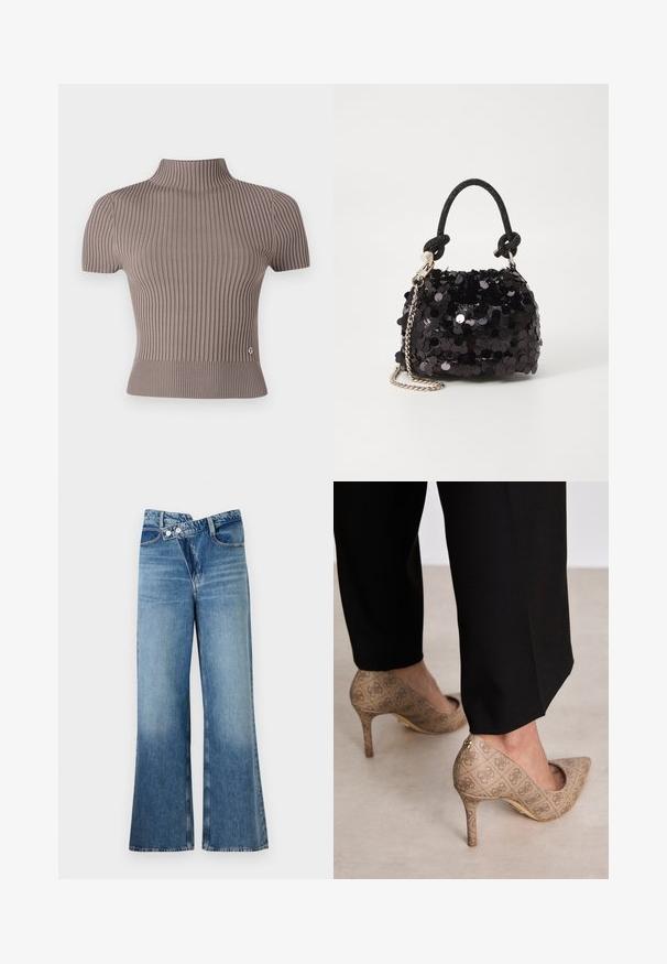 Pelēks ribots īsām piedurknēm augsts kakls. Iespēja ievilktā forma un neliels logo akcenti tuvu apakšmalai. Gluda tekstūra.; Gai zils džinsu auduma bikses ar platām kājām un augstu vidukli, kurām ir divi pogas un priekšējās kabatas. Audumam ir izbalējusi tekstūra ar smalkām variācijām.; Bežīgas augstpapēžu kurpes ar teksturētu audumu, kas rotāts ar atkārtotu rakstu. Norādītā pirksta dizains ar aizmugurējo akcentu un zelta papēža detaļām.; Melna spīguļota mini rokas soma ar mezglotu teksturētu siksniņu un sudraba ķēdi. Apaļa forma ar sakopotām malām un atstarojumu detaļām.