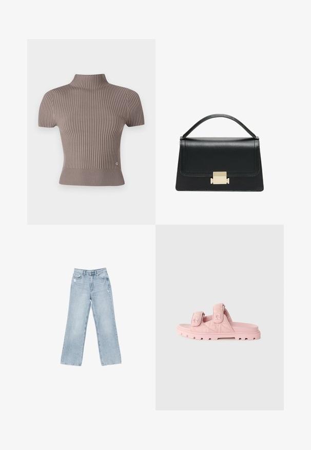 Szary prążkowany top z krótkim rękawem i wysokim kołnierzem. Posiada dopasowany krój oraz mały akcent z logo blisko dołu. Gładka tekstura.; Jasnoniebieskie dżinsy o szerokim kroju, z wystrzępieniami, pięcioma kieszeniami oraz zapięciem na zamek błyskawiczny.; Różowe klapki z podwójnymi regulowanymi paskami na rzep, tekstylną cholewką oraz wytrzymałą, grubą podeszwą z głębokim bieżnikiem.; Czarna skórzana torebka o zorganizowanej konstrukcji, z górną rączką i złotym metalowym zapięciem z przodu. Gładka faktura, minimalne przeszycia.