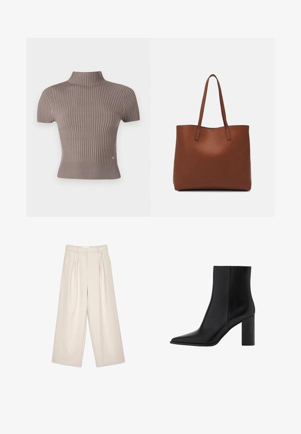 Haut gris à côtes à manches courtes avec un col haut. Présente une coupe ajustée et un petit logo près de l'ourlet. Texture lisse.; Pantalons beige à larges jambes avec pinces, présentant une texture lisse et des passants de ceinture. Coupe ajustée, offrant un fit ample autour des jambes.; Botte chelsea en cuir noir avec un bout pointu, un talon carré, une texture lisse et des détails de couture le long des coutures. Les talons mesurent environ 8,9 cm.; Sac fourre-tout en cuir marron avec une texture lisse, design à ouverture supérieure et deux poignées pour le porter à l'épaule. Présente des coutures minimales et aucun matériel visible.