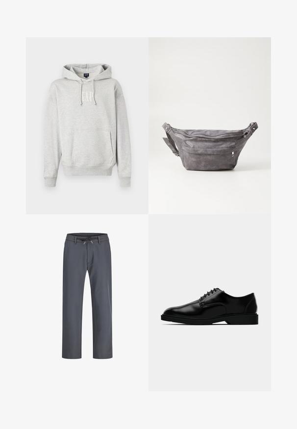 Sivá mikina s kapucňou s prednou kapsou a bielym logom 'GAP'. Mäkko tkanina s rebrovanými manžetami a lemom. Neformálny dizajn s šnúrkami.; Sivé nohavice s elastickým pásom a šnúrkou na stiahnutie. Priamy strih, vyrobené z hladkej tkaniny, s minimálnym prešívaním a bez viditeľného hardvéru.; Čierne kožené spoločenské topánky s hladkým povrchom, zaoblenou špičkou, viazaním a nenápadnou gumovou podrážkou pre lepšiu trakciu.; Sivá semišová ľadvinka s okrúhlym tvarom, dvoma zipsovými priehradkami a nastaviteľným popruhom. Obsahuje kovové prvky.