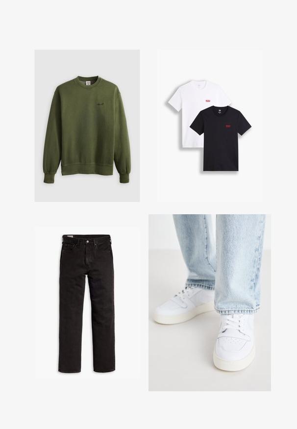 Felpa verde con scollo rotondo realizzata in tessuto morbido, con polsini a coste e un piccolo logo ricamato sul petto. Vestibilità classica senza alcun motivo.; Due magliette a maniche corte: una bianca e una nera. Entrambe in cotone con un logo rosso di Levi's sul petto. Design semplice con scollo rotondo.; Jeans in denim neri a gamba dritta con cinque tasche, chiusura a bottone e passanti per cintura, adagiati su uno sfondo bianco.; Sneakers bianchi in pelle a bassa punta con punta perforata, lacci piatti e design minimalista. Abbinati a jeans di denim azzurro chiaro.