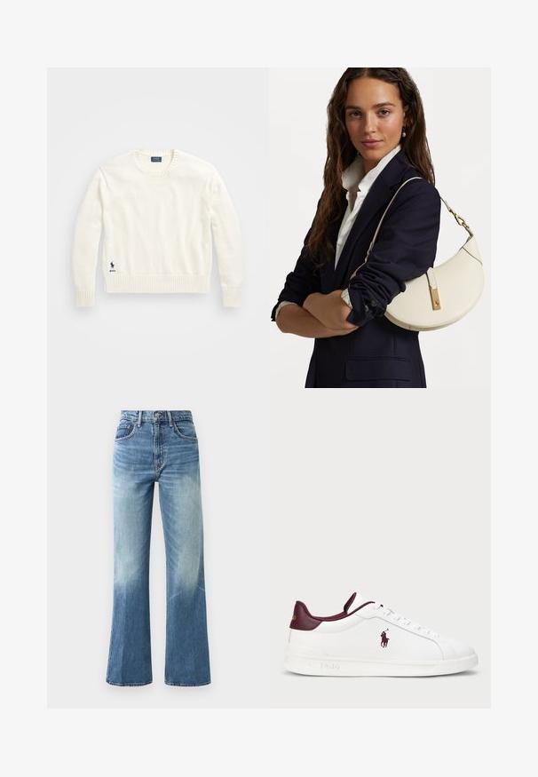 Lichtrom een gebreide trui met ribgebreide manchetten en zoom. Heeft een ronde halslijn en een klein blauw logo aan de linkerkant.; Lichtblauwe high-waisted jeans met een wijde pijp, vervaagd textuur, vijf zakken en metalen knoopsluiting.; Witte leren sneaker met bordeaux accentueringen, ronde neus, reliëflogo en platte veters. Geverfde zool en gladde oppervlaktestructuur.; Witte leren handtas met een ronde vorm, gouden details en een gestructureerde afwerking, gedragen over een donkere blazer en een wit shirt.