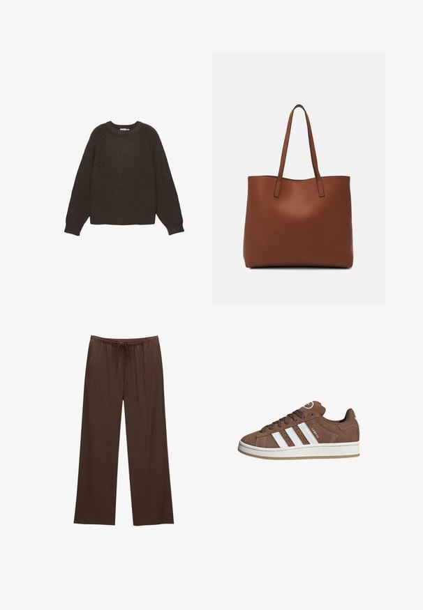Dunkelbrauner Strickpullover mit gerippter Textur, rundem Halsausschnitt und langen Raglanärmeln. Der Saum und die Bündchen sind ebenfalls gerippt.; Braune weite Hosen aus weichem Stoff, mit einem elastischen Bund und Kordelzug sowie zwei Seitentaschen.; Braune Wildledersneaker mit weißen Lederstreifen, Gummisohle, gerundetem Zehenbereich und Schnürung. Mit einem Logo auf der Zunge und perforierten Akzenten.; Braune Leder-Tote mit glatter Textur, offenem Oberteil und zwei Schulterriemen. Verfügt über minimale Nähte und keine sichtbaren Beschläge.