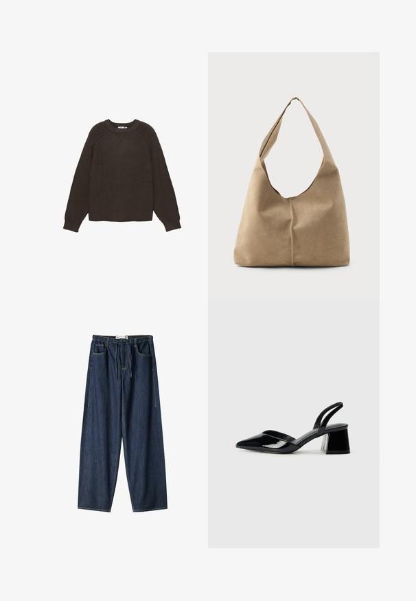 Temno rjav pleten sveter z rebrastim vzorcem, okroglim izrezom in dolgimi raglan rokavi. Robovi in manšete so prav tako rebrasti.; Temno modri kavbojasti hlače s širokim krojem. Imajo elastičen pas, vrvico in sprednje žepe. Gladka tekstura z vidnimi šivi.; Črne lakirane slingback pete s koničastim nosom in geometrijsko blokasto peto. Imajo eleganten, minimalističen dizajn in gladko teksturo.; Hobo torba iz mehkega bež nubuka z ohlapno obliko, širokim ramenskim trakom in ročno šivanim šivom po sprednji strani.