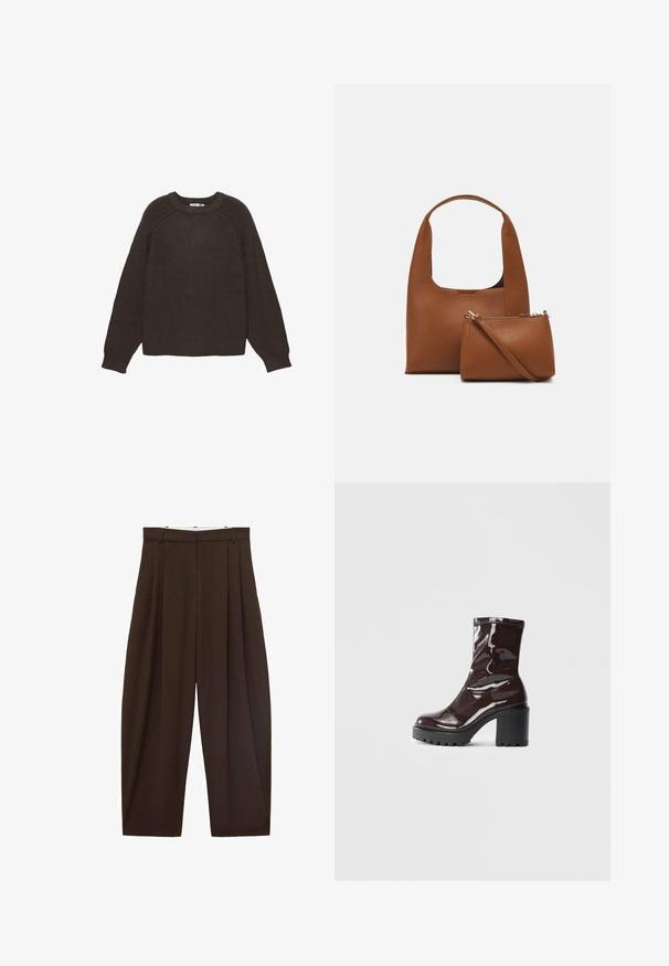 Donkerbruin gebreid sweater met ribbelstructuur, ronde halslijn en lange raglanmouwen. De zoom en manchetten zijn ook ribbelig.; Bruine high-waisted broek met plooien, gemaakt van soepel materiaal. Loose fit, rechte pijpen, met riemlussen en een ritsluiting.; Glanzende bordeauxrode enkelboot met een chunky zwarte hak, met een gladde textuur en een eenvoudig ontwerp. Geen zichtbare sluitingen of patronen.; Bruine synthetische handtas met een gebogen handvat en een gladde textuur. Inclusief een bijpassende kleine tas met rits. Minimalistisch ontwerp.