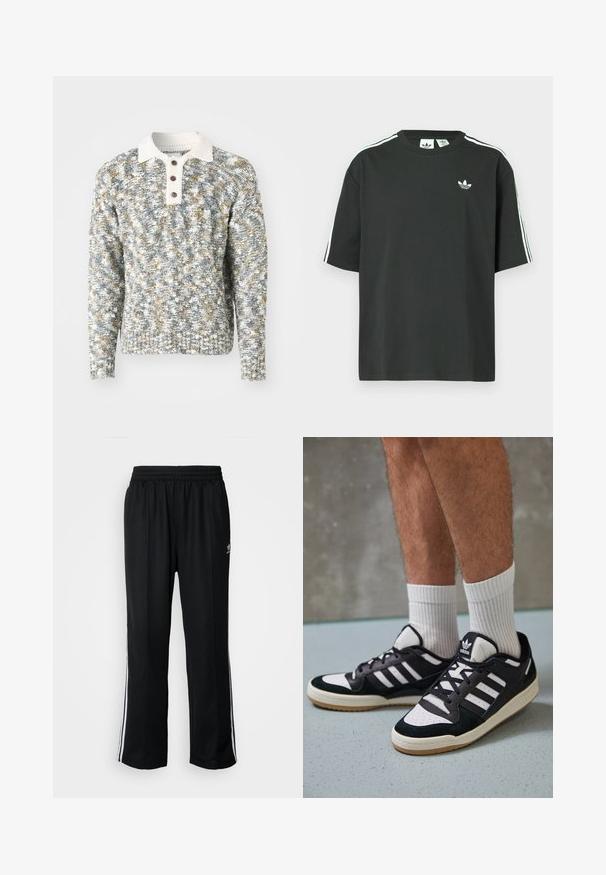 Pleteni pulover s pikančno zasnovo v sivi, beli in zlatih odtenkih. Ima bel ovratnik, tri rjave gumbe ter rebraste manšete in rob.; Črna bombažna majica s kratkimi rokavi, okroglim vratom in belo trikratno črtasto okrasitvijo na ramenih. Na prsih majhen beli logotip.; Črne atletske hlače z elastičnim pasom, ki imajo bele stranske črte in majhen logo. Material izgleda mehak in lahek.; Črno-bele superge z zgornjim delom iz usnja in nubuka, ki imajo tri bele črte, perforiran vrh prstov in podplat iz gume.