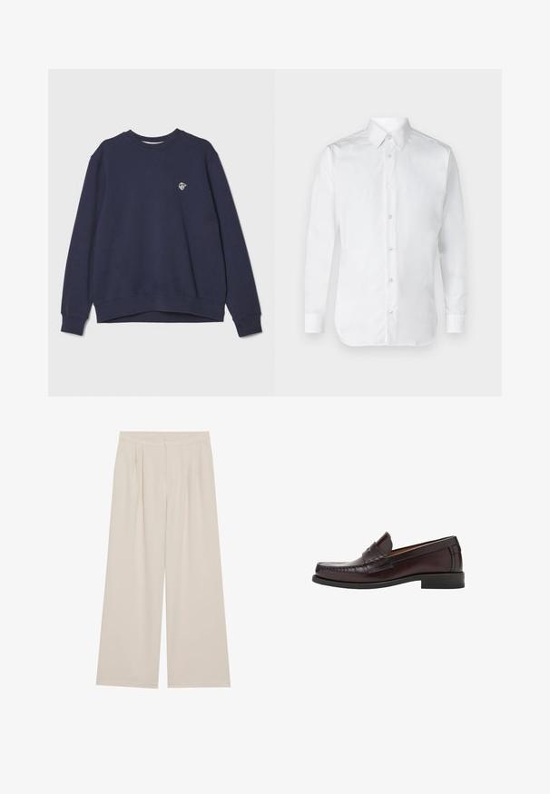 Navy plavi dukserica izrađena od mješavine pamuka. Ima okrugli izrez, duge rukave, rebraste manžete i mali logo na prsima.; Bijela košulja s dugim rukavima, izrađena od glatkog pamučnog materijala, sa klasičnom kragnom i suptilnim sjajem. Pet gumba sprijeda.; Bež široke hlače s ravnim prednjim dijelom, plisiranim detaljima i elastičnim pojasom. Izrađene od lagane tkanine s glatkom teksturom.; Smeđe kožne mokasine s okruglim vrhom, dekorativnim šavovima na prednjem dijelu i ravnim gumenim potplatima za podršku i izdržljivost.