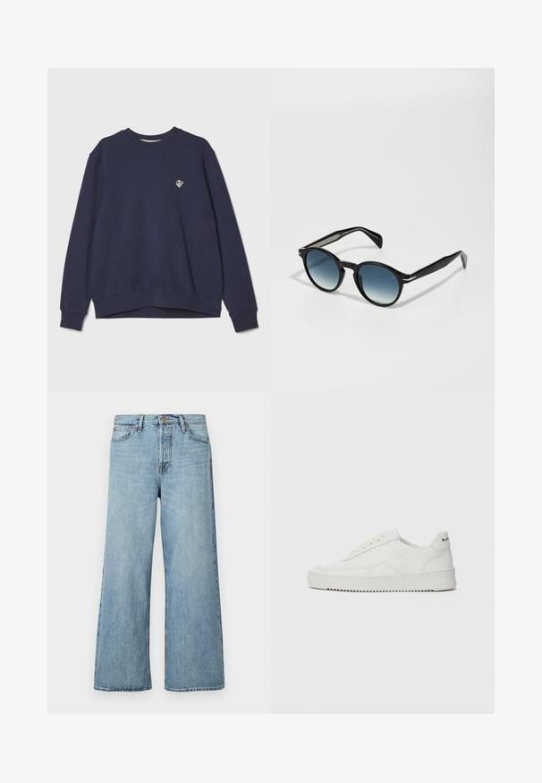 Tums zila kreklu izmaksāta no kokvilnas auduma. Ievietota apraksta kakla līnija, garas piedurknes, ribotas aproces un mazs logo uz krūšu apvidus.; Balts kokvilnas T-krekls ar īsām piedurknēm, apaļu kakla izgriezumu un brīvu piegriezumu. Gluda tekstūra bez redzamām rakstu vai akcentu detaļām.; Gaiši zilie platās kājas džinsi, izgatavoti no denima, ar pogu aizdari, vieglu nodilumu un standarta piecu kabatu dizainu.; Baltas ādas sneakers ar gludu virsmu, apaļu pirkstu daļu, plakaniem šņorēm un teksturētu zoli. Satur diskrētu logotipu uz papēža.; Melnas saulesbrilles ar ovālu formu, ar gradienta zilo stiklu un plānām kājām, kas izceļas ar izcilām sudraba akcentiem. Viss virsmas ir gluds.