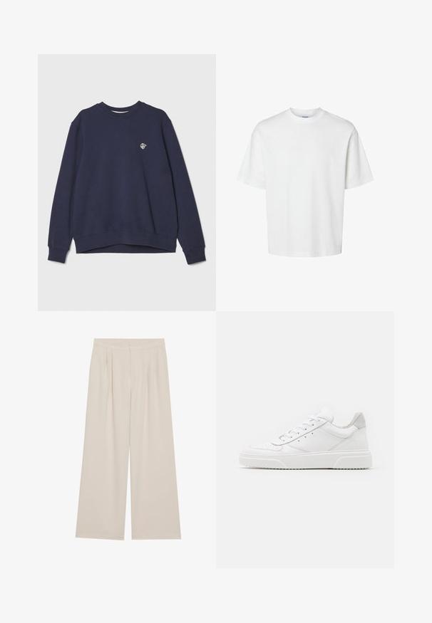 Sudadera azul marino fabricada en una mezcla de algodón. Cuenta con cuello redondo, mangas largas, puños de canalé y un pequeño logo en el pecho.; Camiseta blanca de algodón con mangas cortas, escote redondo y un corte relajado. Textura suave sin patrones o acentos visibles.; Pantalones de pierna ancha beige con frente plano, pliegues y cinturilla elástica. Elaborados en una tela ligera con una textura suave.; Zapatillas de cuero blanca con un acabado suave, punta redondeada, cordones planos y una suela texturada. Acento de ante gris en el talón.