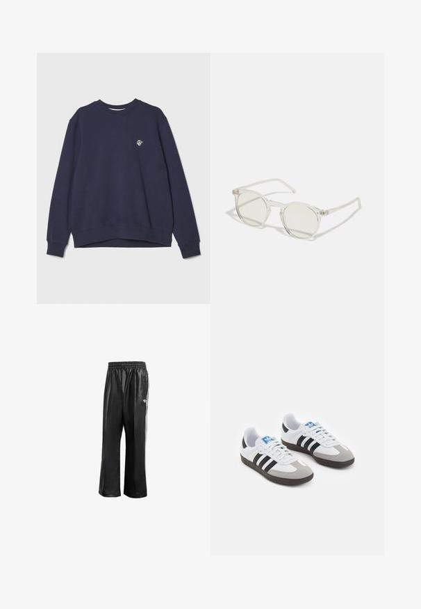 Námořnický modrý svetr vyrobený z bavlněné směsi. Má kulatý výstřih, dlouhé rukávy, žebrované manžety a malé logo na hrudi.; Černé syntetické sportovní kalhoty s elastickým pasem, se bílými postranními pruhy a malým bílým logem na levém boku.; Sportovní boty s bílým koženým svrškem, šedou semišovou špičkou a třemi černými pruhy. Obsahují modré logo na jazyku a texturovanou gumovou podrážku.; Kulaté sluneční brýle s průhledným rámem, světle zelenými čočkami a tenkými, průhlednými bočními částmi. Rám má jemné kovové akcenty.