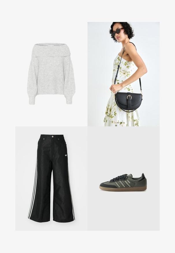 Heled hall kapuutsita sviiter ribatekstuuriga ja laiemate varrukatega. Pehme, koheline materjal ja lahti lõige mugavuseks.; Mustad mustadeline denimipüksid, millel on kummalgi küljel kolm valget triipu ja väike valge logo. Omab esikotte ja nööbiga kinnihoidmist.; adidas Originals SAMBA OG - Tossud - core black/legend earth/gum; Mustmust mustraha kõverate joontega, eemaldatava rihmaga ja kuldsete detailidega. Kotil on klapp, millel on pandladetail.