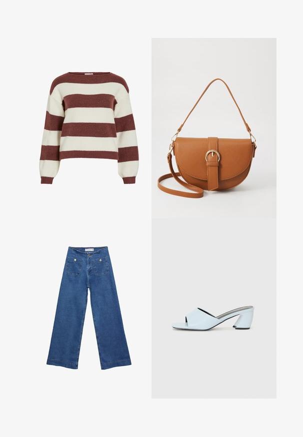 Gestreifter Pullover in Burgunderrot und Creme, aus einem weichen, strukturierten Strick gefertigt. Mit weitem Ausschnitt und ballontypischen Ärmeln mit Rippbündchen.; Denim-Hosen im weiten Schnitt mit einer mittleren blauen Waschung, zwei Vordertaschen mit Knopfverschluss und genähten Details entlang der Säume.; Hellblaue offene mules mit Absatz und geometrischem Design, ausgestattet mit einem breiten Riemen über dem Fuß und einem dicken, winkligen Absatz.; Braune Leder-Crossbody-Tasche mit geschwungener Form, goldfarbenen Beschlägen und einer Schnallenakzentuierung. Verfügt über einen abnehmbaren Schultergurt.