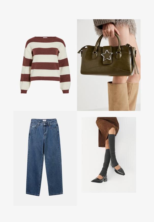 Raidallinen neulepaita viininpunaisena ja kermanvärisenä, valmistettu pehmeästä, teksturoidusta neuleesta. Ominaisuuksiin kuuluu leveä kaula-aukko ja paukkusolmukalleet, joissa on ribbireunat.; Classiset siniset farkut suoran lahkeen muotoilulla, viidellä taskulla ja napillakaan. Ominaisuudet: keskivahva pesu ja kestävä rakenne.; Musta lakattu nahkakengät teräväkärkisillä, leveällä kantapäällä ja nilkkahihnalla, yhdistettynä harmaisiin ribattuihin säärystimiin ja ruskeaan mokkasiinimekkoon.; Vihreä oliivinvärinen mokkanahkainen käsilaukku, jossa on hopeinen tähti koristeena, kaksinkertaiset kahvat ja vetoketjusulku. Teksturoitu pinta ja rakenteellinen muoto.