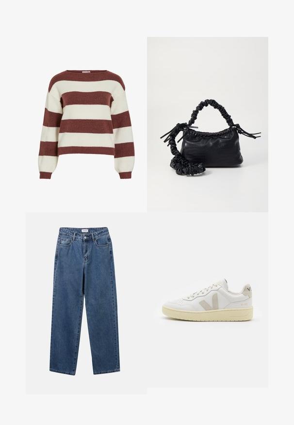 Prúžkovaný sveter v burgundskej a krémovej farbe, vyrobený z mäkkého, štruktúrovaného úpletu. Má široký výstrih a balónové rukávy s rebrovanými manžetami.; Klasické modré džínsy z denimu so strihom rovného strihu, piatimi vreckami a zapínaním na gombík. Majú stredné praním a pevnú textúru.; Biele kožené tenisky s béžovými semišovými akcentmi, perforovanou špičkou, plochými šnúrkami a textúrovanou krémovou podrážkou. Obsahujú jemné označenie na päte.; Čierna umelá kožená kabelka s kroko vzorom, sťahovaným vrchom a zhnutým popruhom. Vyzerá mäkko a kompaktné v dizajne.