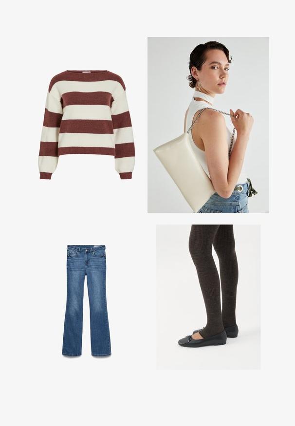 Prugasta jopica v barvah burgund in smetana, izdelana iz mehkega, teksturiranega pletenega materiala. Ima širok izrez in balonaste rokave s spletenimi manšetami.; Modri traperasti flare kavbojke z zmerno visokim pasom, dvema sprednjima žepoma in šiviljskim pasom. Mehka tekstura in tradicionalna zasnova s petimi žepi.; Črne ravne čevlje z majhnim lokom na prstih, v kombinaciji s temno rjavimi rebrastimi nogavicami. Čevlji imajo gladko teksturo in nizko obliko.; Bela pravokotna torbica za ključe iz sijajnega materiala, opremljena s srebrno verižico. Model pozira in prikazuje torbico na enobarvni podlagi.