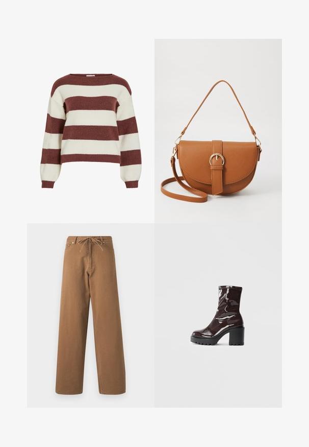 Pulover rayat în burgund și crem, realizat dintr-un tricot moale, texturat. Are un decolteu larg și mâneci tip balon cu manșete ribbate.; Pantaloni largi maro din bumbac, cu un brâu cu șnur și două buzunare frontale. Material texturat cu un finisaj neted.; Botine lucioase burgundy, cu toc gros negru, având o textură netedă și un design simplu. Fără închideri sau modele vizibile.; Geantă din piele maro, tip crossbody, cu o formă curbată, accesorii aurii și un accent cu cataramă. Dispune de un curea de umăr detașabilă.