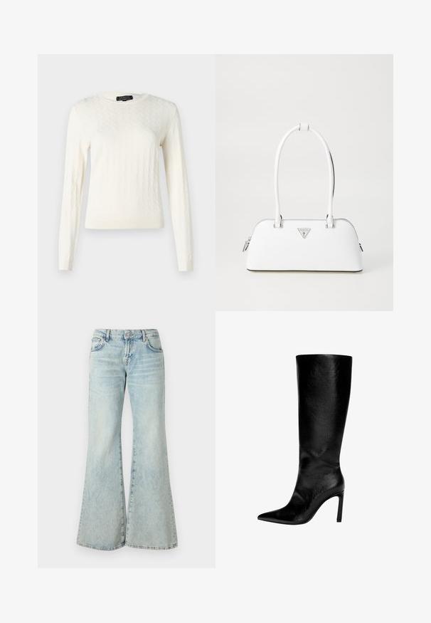 Světle krémový pletený svetr s diamantovým vzorem, dlouhými rukávy a kulatým výstřihem. Měkká textura s ribovanými manžetami a spodním lemem.; Světle modré zvonové džíny vyrobené z denimu, s vysokým pasem, kapsami a roztrhanými lemy. Tkanina má vybledlý omak a jemnou strukturu.; Černý kožený vysoký nerozšířený bot s špičatou špičkou, vysokým stiletto podpatkem, hladkým povrchem a jednoduchým, elegantním designem bez zdobení.; Bílá kožená kabelka s zakřiveným tvarem, na které se nachází stříbrné trojúhelníkové logo a zipové uzavření. Hladký povrch a dvojité uši.