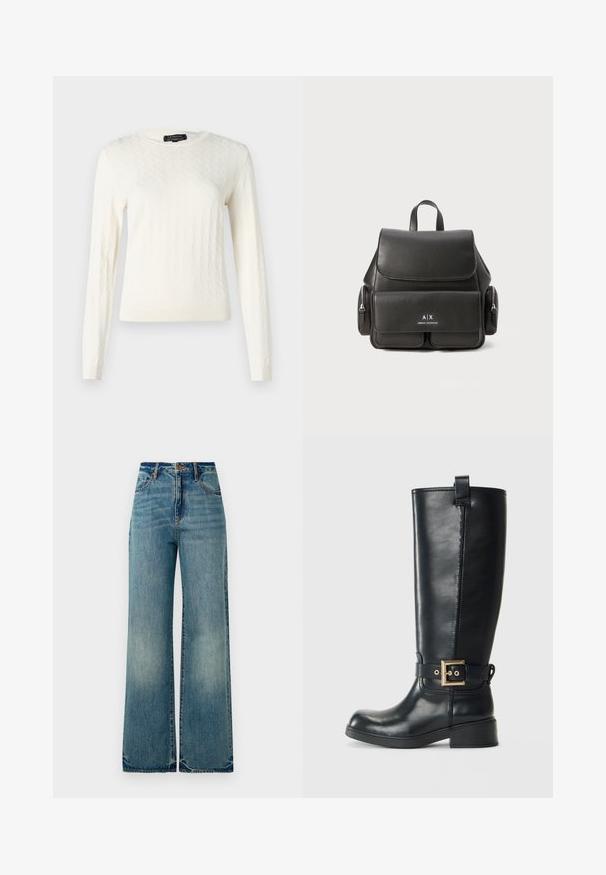 Kreemivärvi kudum, millel on teemantmuster, pikad varrukad ja ümmargune kaelus. Pehme tekstuur ribatud mansettide ja äärisega.; Heledad sinine denim lai jalgadega teksad, millel on kõrge vöökoht, viis taskut ja kergelt kulunud servad, näidates tekstuuri ja pleekinud viimistlust.; Mustad muste nahast saapad, mis ulatuvad põlvedeni, madala plokk-kandaga, kaunistatud kullavärvi pihustiga ümbritsetud ja ülevalt tõmmitsaga.; Must must nahk Seljakott klapi sulgemisega, esikoti, külgsete tõmblukkudega sektsioonide ja ülemise käepidemega. Esiküljel on logo detailid.