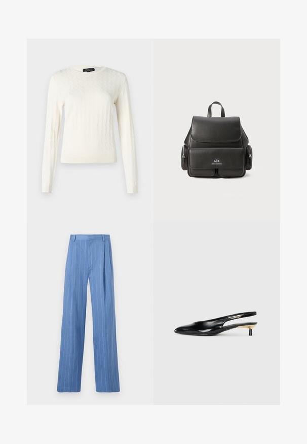 Kreemivärvi kudum, millel on teemantmuster, pikad varrukad ja ümmargune kaelus. Pehme tekstuur ribatud mansettide ja äärisega.; Heledad sinine laia jalgadega püksid, millel on vertikaalsed valged triibud. Valmistatud siledast materjalist, esiplekiga ja puhta vöökoht disainiga.; Mustad seljatoega mustad kontsakingad, millel on terav nina, läikiv nahkviimistlus ja väike kand kuldse detailiga. Sujuv disain avatud seljaprofiiliga.; Must must nahk Seljakott klapi sulgemisega, esikoti, külgsete tõmblukkudega sektsioonide ja ülemise käepidemega. Esiküljel on logo detailid.