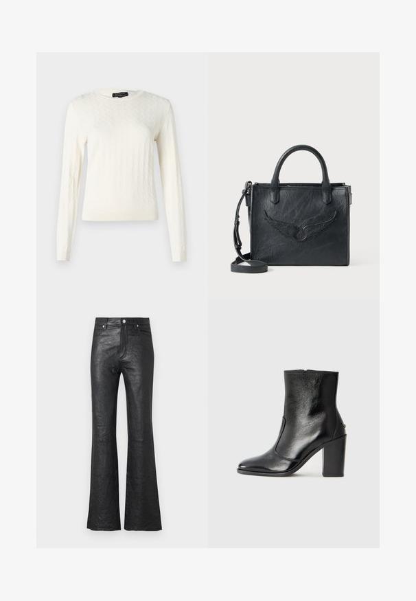 Crème-kleurige gebreide trui met een diamantpatroon, lange mouwen en een ronde halslijn. Zachte textuur met ribbelmanchetten en -zoom.; Zwarte leren flared broek met een gekreukt textuur, hoge taille, zijzakken en een klassieke knoopsluiting met ritssluiting.; Zwarte leren enkelboot met een gladde textuur, spitse neus en een gedurfde hoge hak. Beschikt over een zijopening en een minimalistisch ontwerp.; Zwarte lederen handtas met vleugeldesign accent. Heeft twee ronde handvatten en een afneembare schouderband. Textuur oppervlak. Compacte vorm.